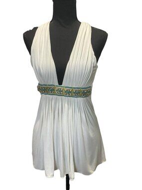 Sky Brand White Embellished Pearl Stone Halter Cross Back Top Blouse S